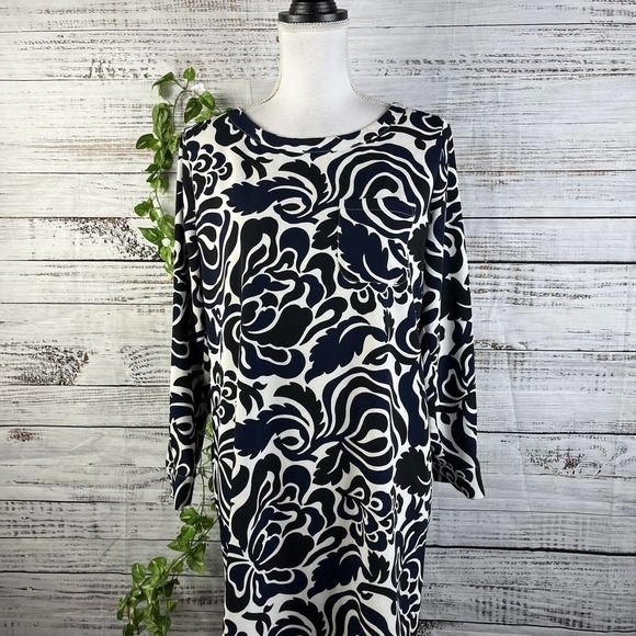 Ann Taylor Loft Dress size Small Black Blue Floral Boho Straight Knee Wedding - Picture 3 of 15